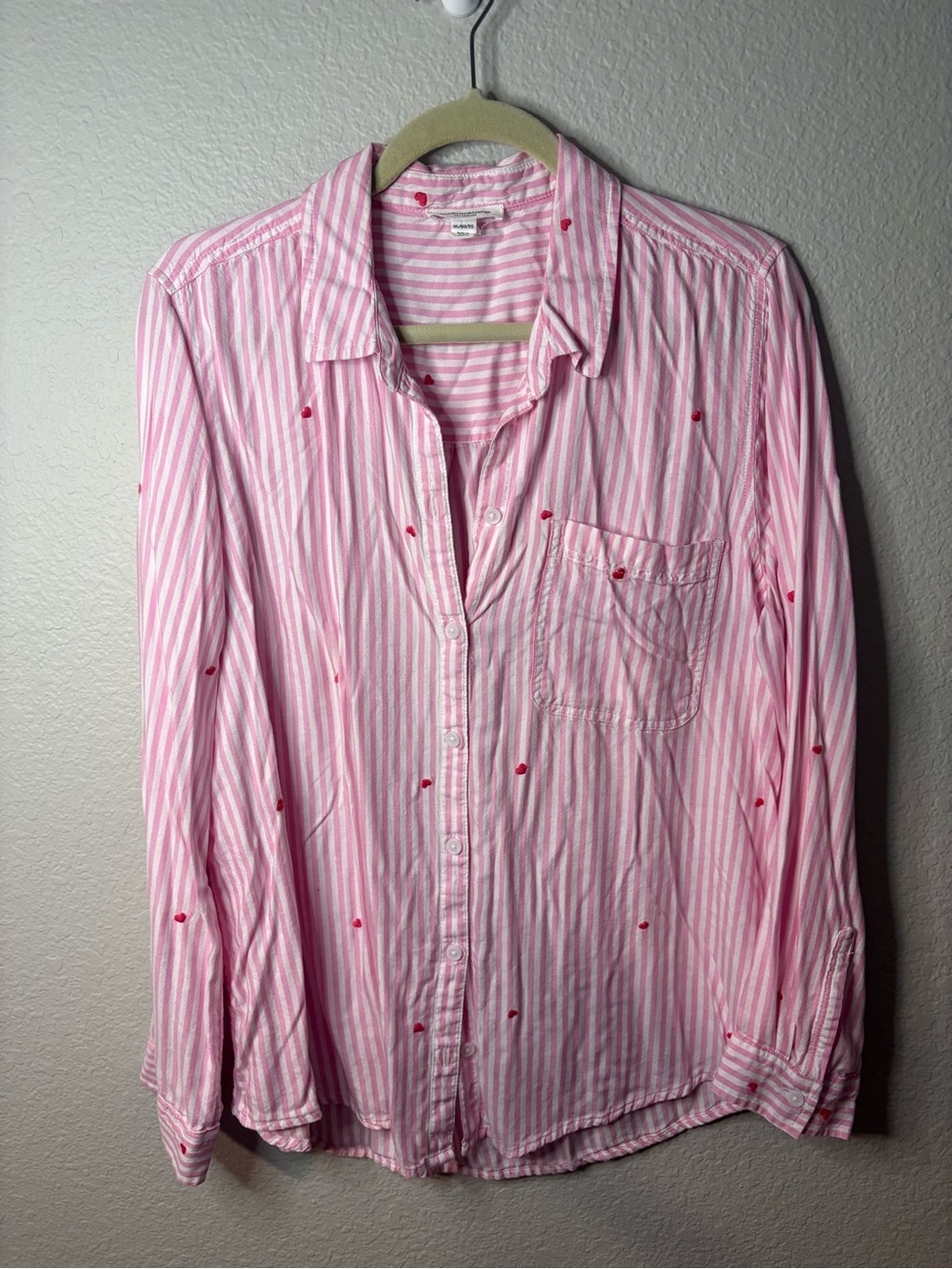beachlunchlounge Pink and White Striped Button-Down Shirt with Red Dot Accents